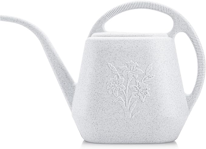 Light Gray Gardening Watering Can with Floral Patterns: Aesthetic and Practical, Aiding Plant Care