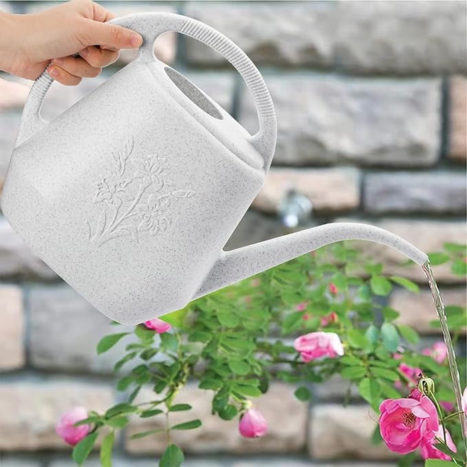 Light Gray Gardening Watering Can with Floral Patterns: Aesthetic and Practical, Aiding Plant Care
